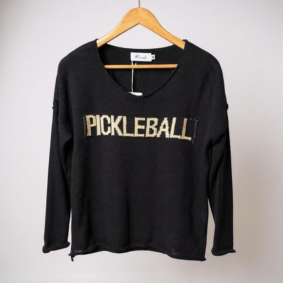 Miracle Black Pickleball Sweater Womens Sz M Casual Gift Lightweight Rolled Hem - Picture 1 of 11